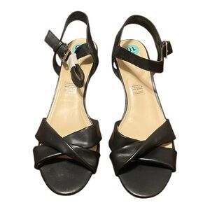 NWOT Liz Claiborne Sandals Slingback Wedge Heel Open Toe Black Faux Leather